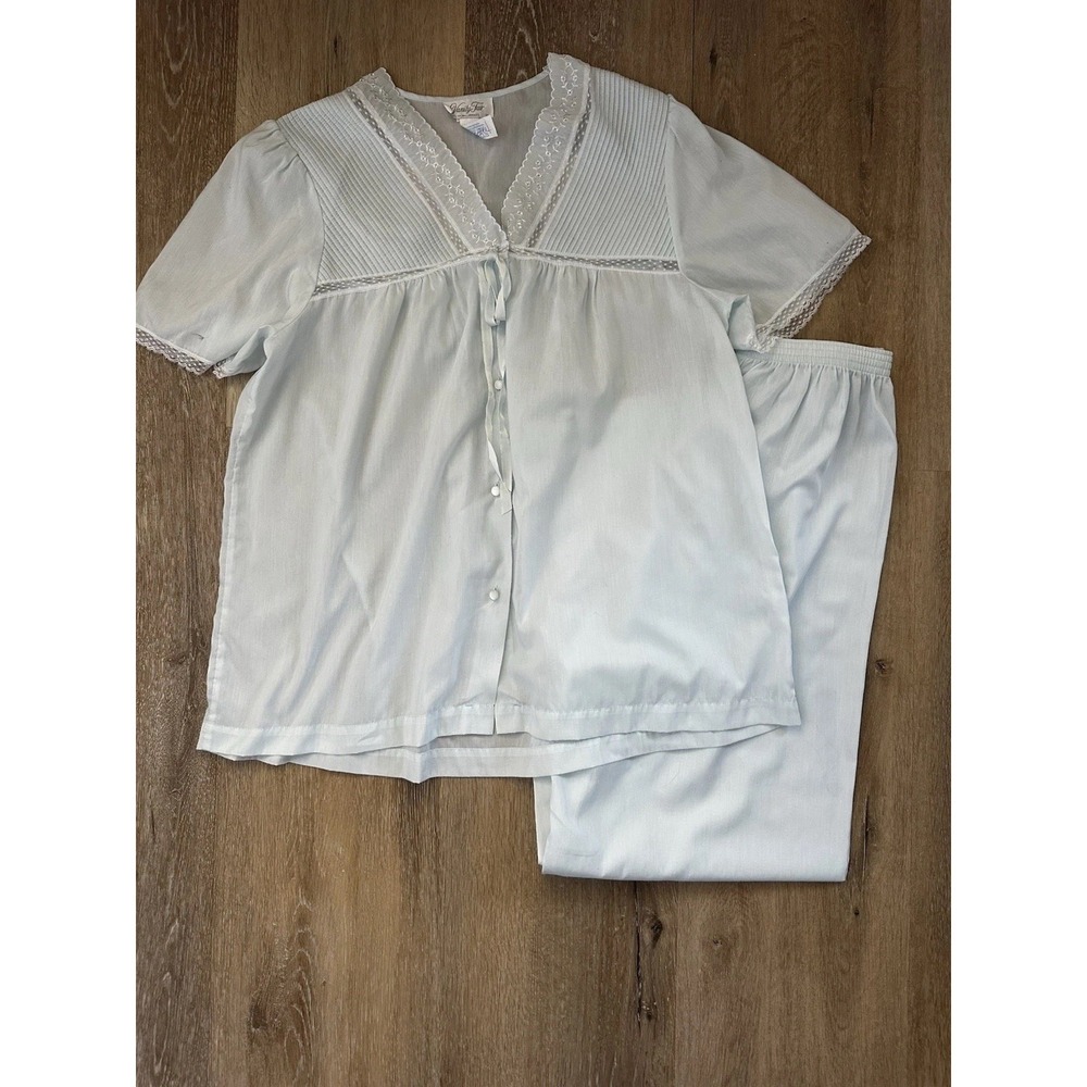 Vintage Vanity Fair Sleepwear Set Blue Lace Button Top Pants Women M Cottagecore